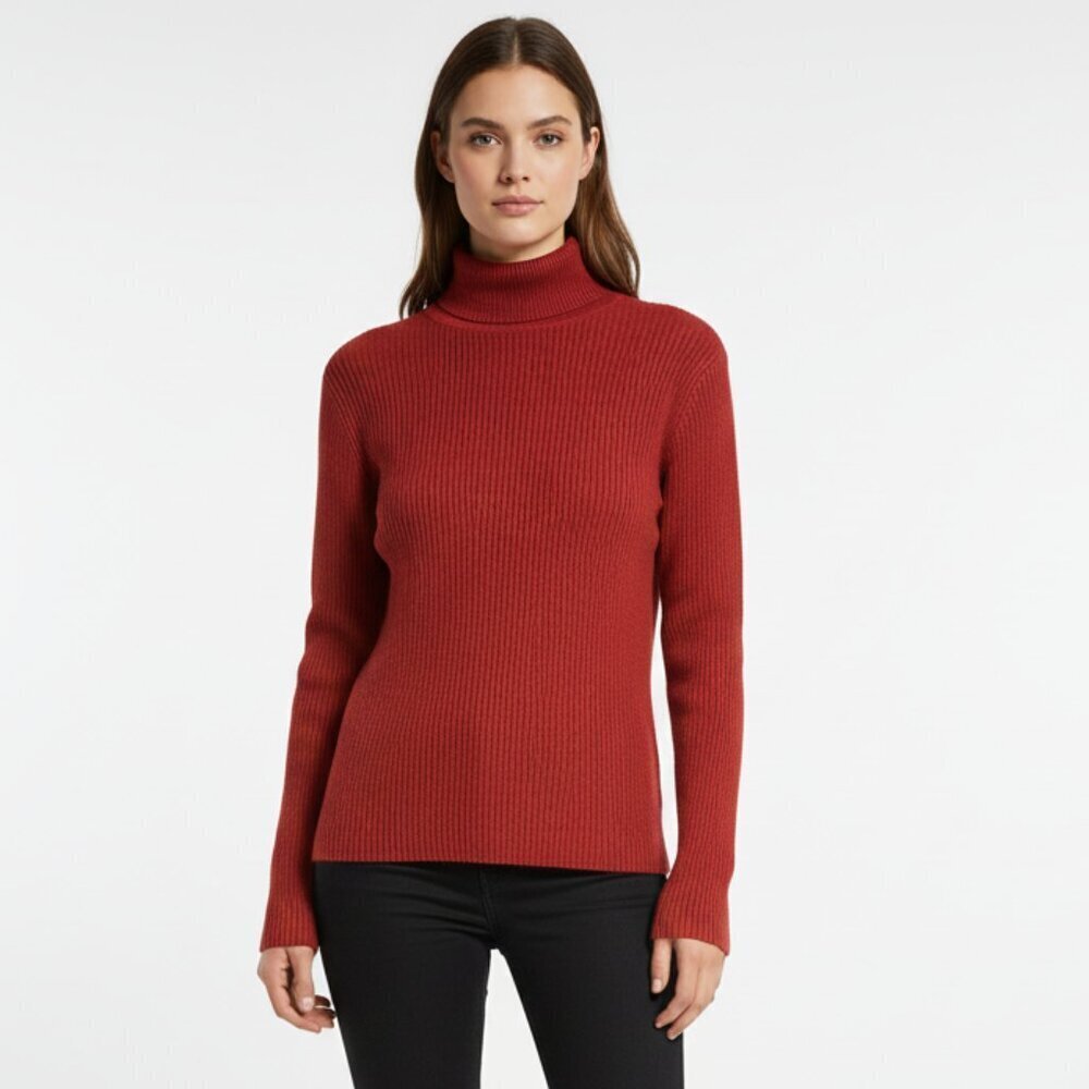 Red Ribbed Turtleneck Long Sleeve Sweater
